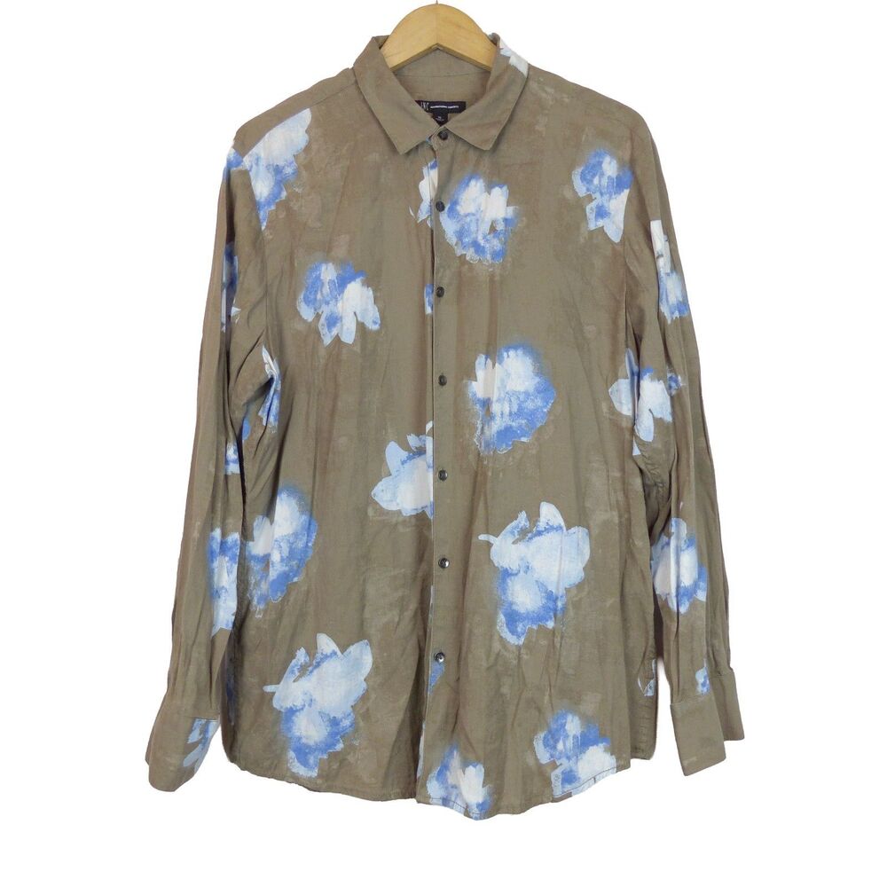 INC International Concepts Button Shirt Womens XL Brown Blue Floral Linen Blend
